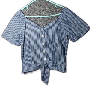 Maurices Navy Striped Button Up  Knot Deep V-Neck Size Medium Crop Top